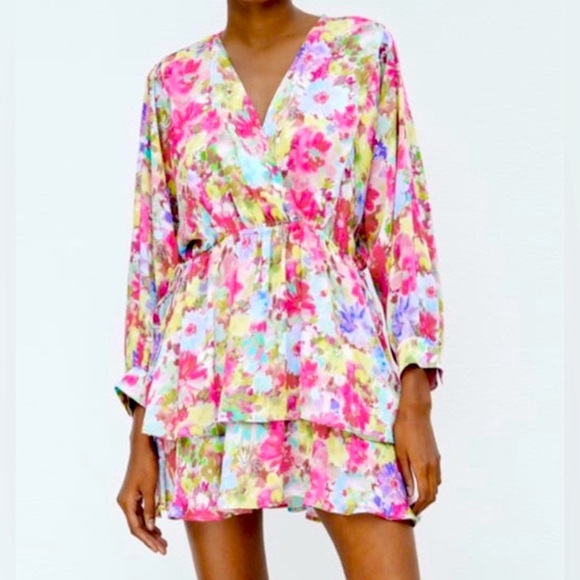 Zara Mini Floral Print Dress long sleeve size L - Picture 1 of 9